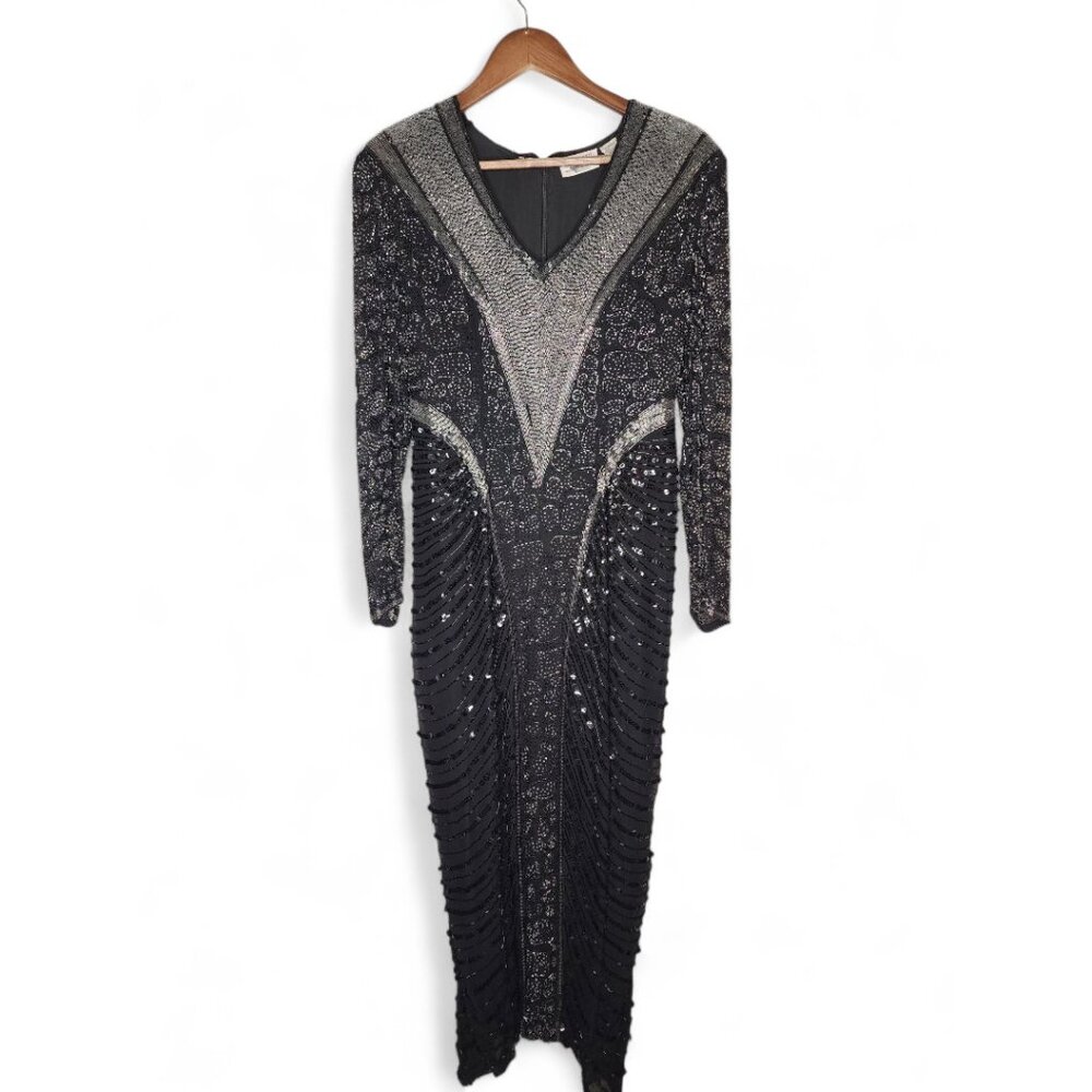 1980s Black Tie by Oleg Cassini Beaded Vintage Formal Gown Size 6